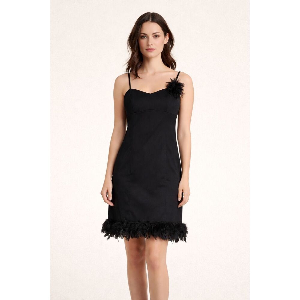 Black Feather Trim Mini Slip Dress Spaghetti Strap Womens S